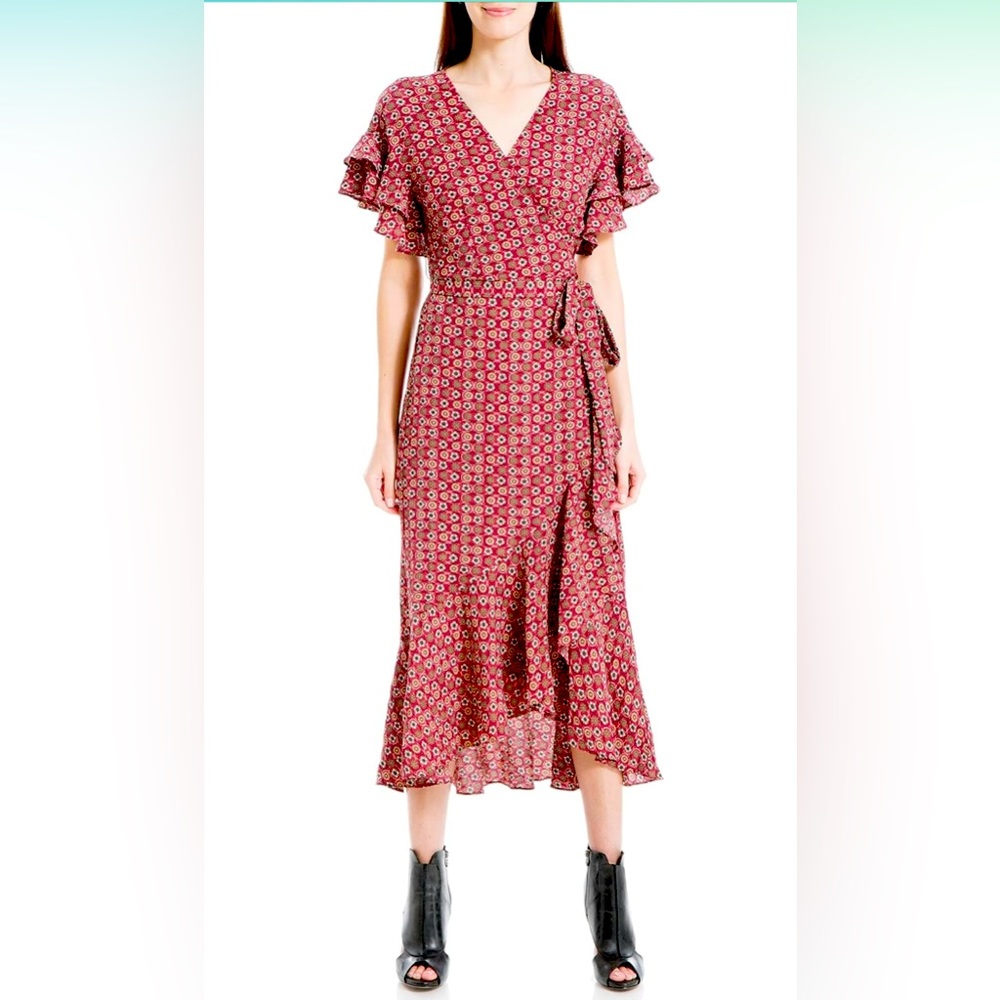 Max Studio Ruffle Crepe High Low Dress Berry Pop Daily Lattice- Size S